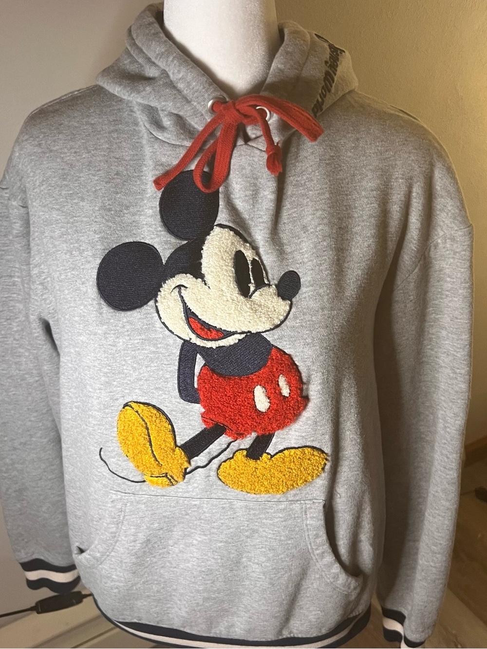 Disney Gray Hoodie with Embroidered Mickey and Red Drawstrings